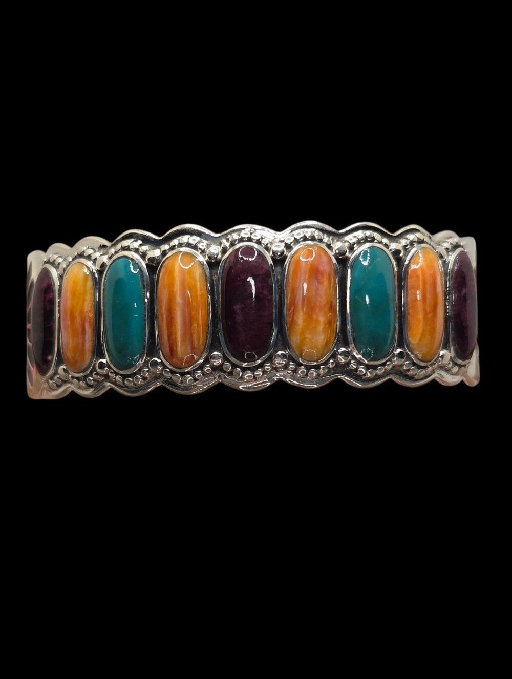 Multicolor Cabochon Silver Cuff Bracelet - Women Jewelry